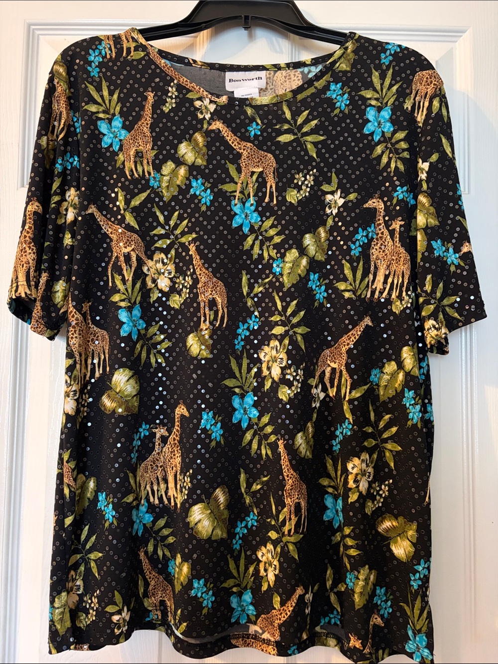 BonWorth Black Tee with Teal & Olive Giraffe Floral Print